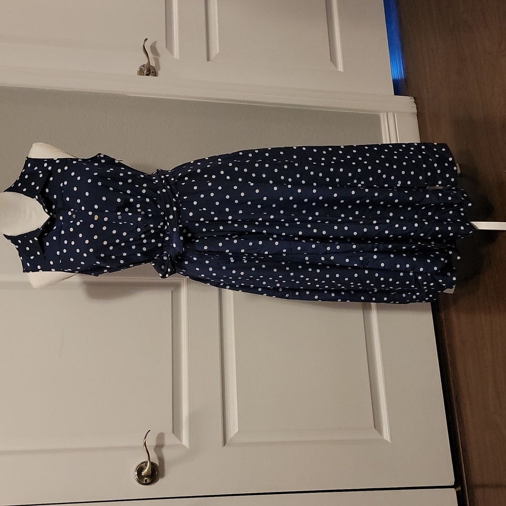 1901 sleeveless midi dress, size 8, dark blue with while polka dots